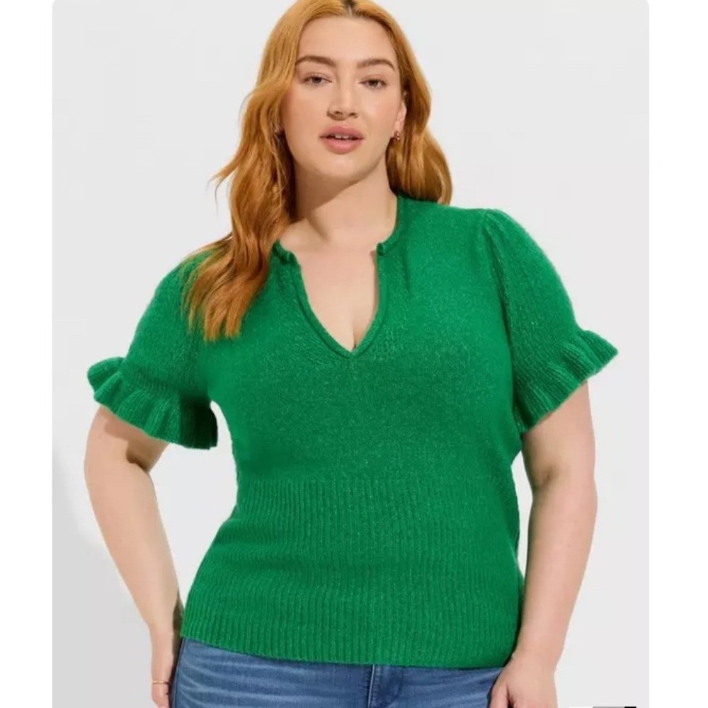 Torrid Vegan Cashmere Pullover V-Neck Ruffle Elbow Sleeve Sweater Green 4 NWT